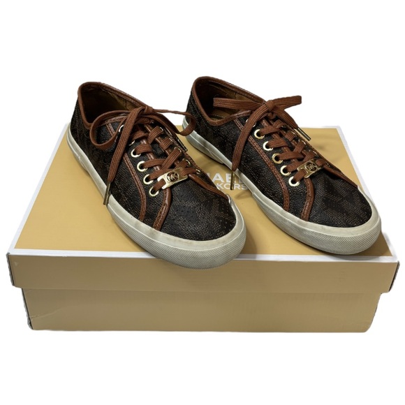 Michael Kors Monogram Boerum Sneakers Brown Gold Luxury Designer MK Logo Size 6M - Picture 4 of 16